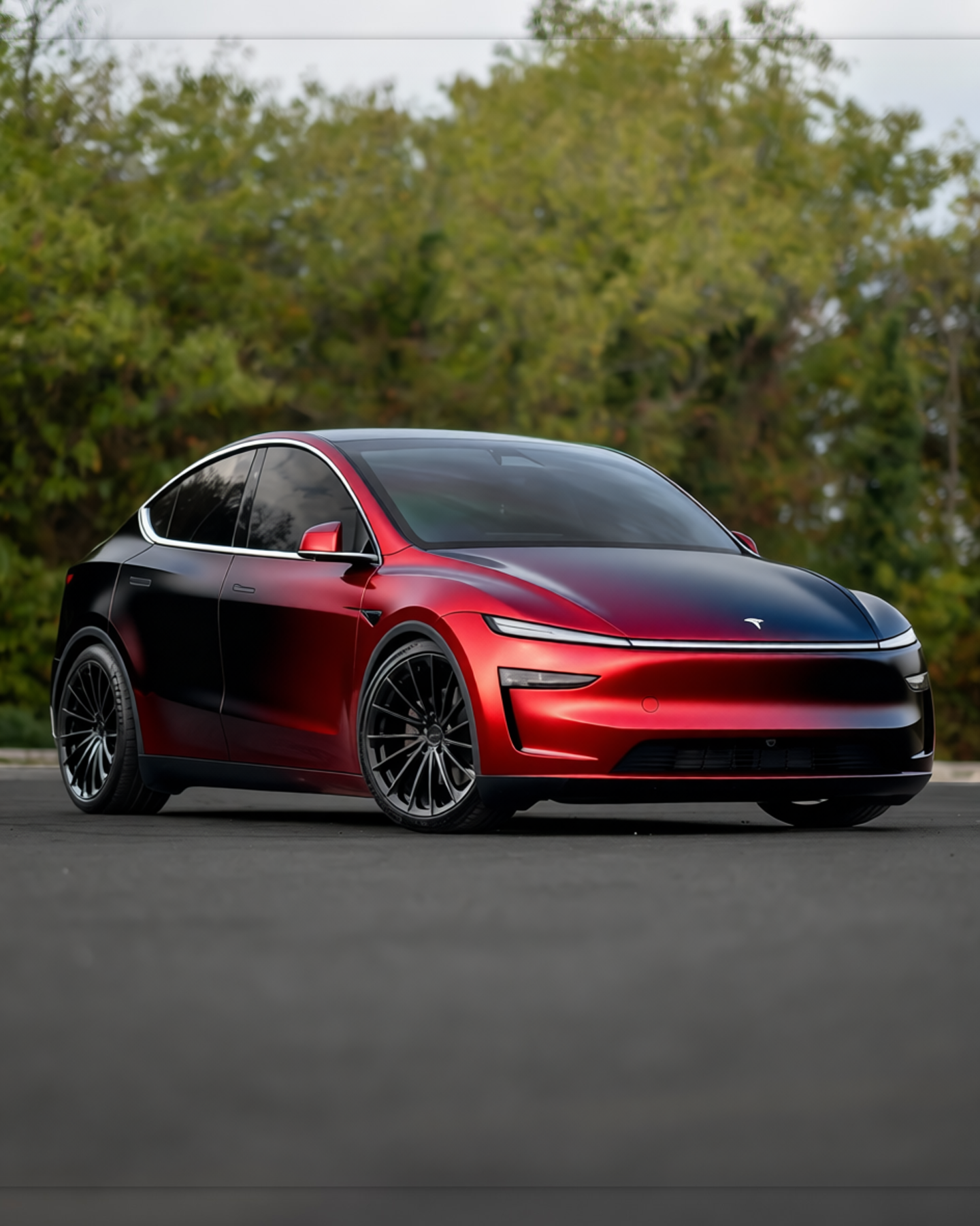Tesla Model Y rendered in Satin ColorFlow Solar Dawn Red/Black gloss wrap
