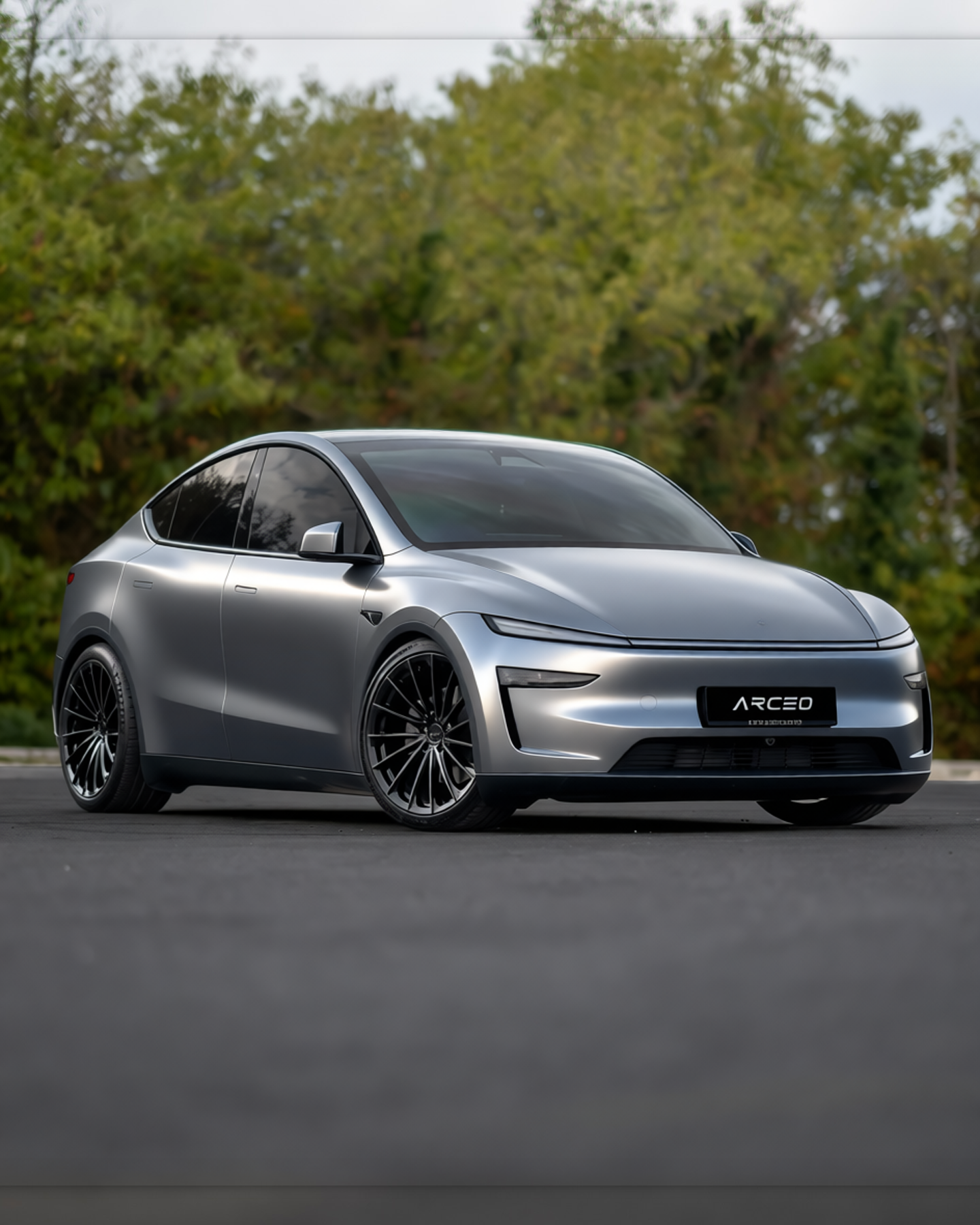 Tesla Model Y rendered in High Gloss Nardo Gray gloss wrap