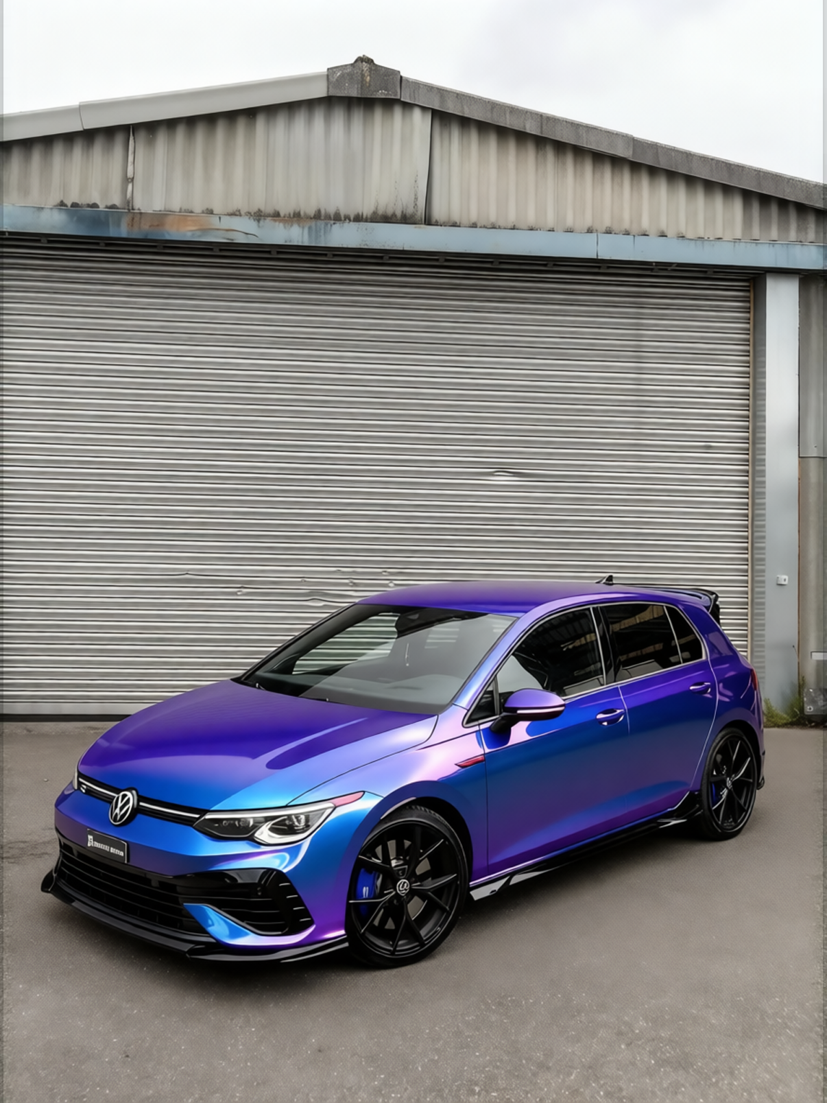 Volkswagen Golf R rendered in Glossy Auroral Blue Purple gloss wrap
