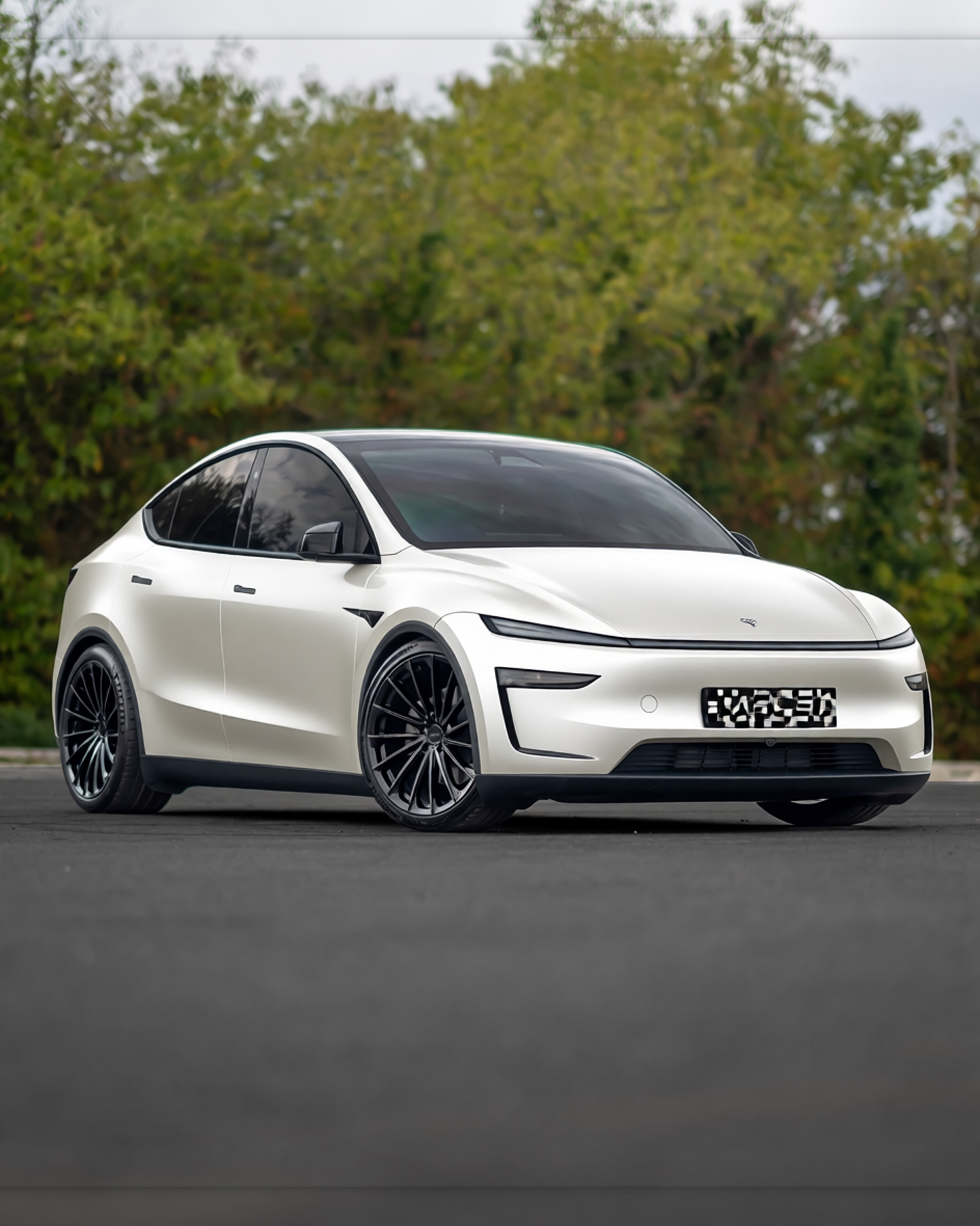 Tesla Model Y rendered in Satin Frozen Vanilla satin wrap