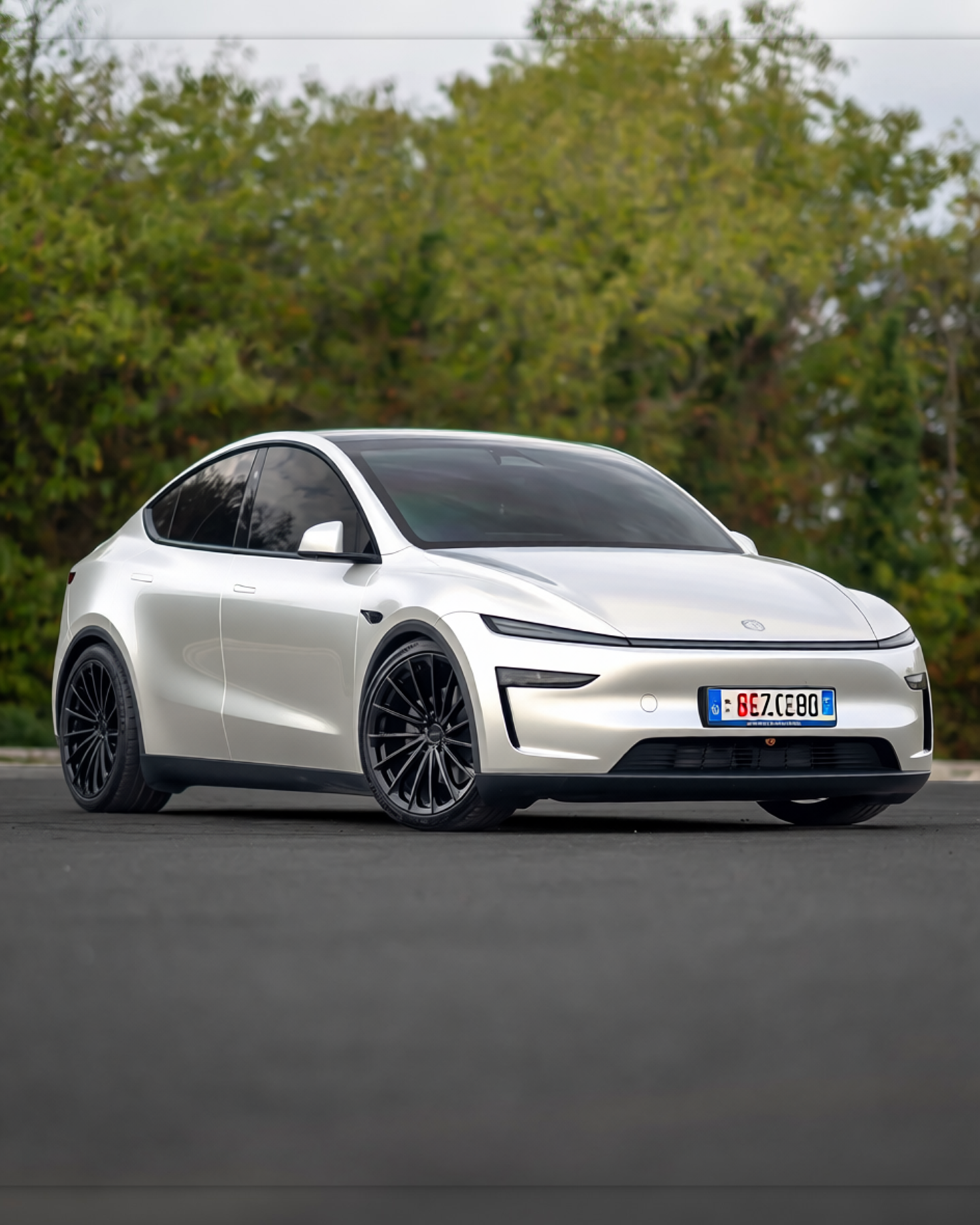 Tesla Model Y rendered in Satin Pearl White gloss wrap