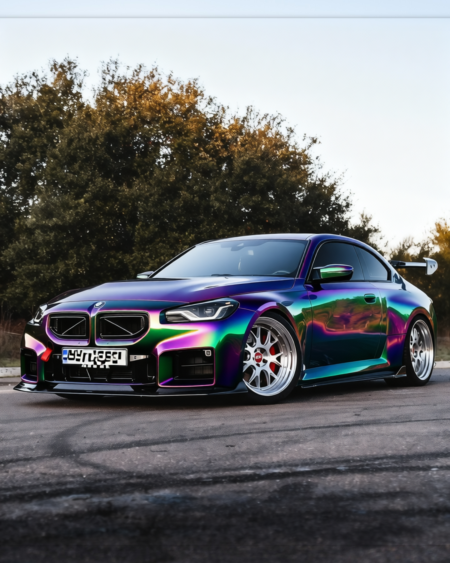 BMW M2 rendered in Purple Green gloss wrap
